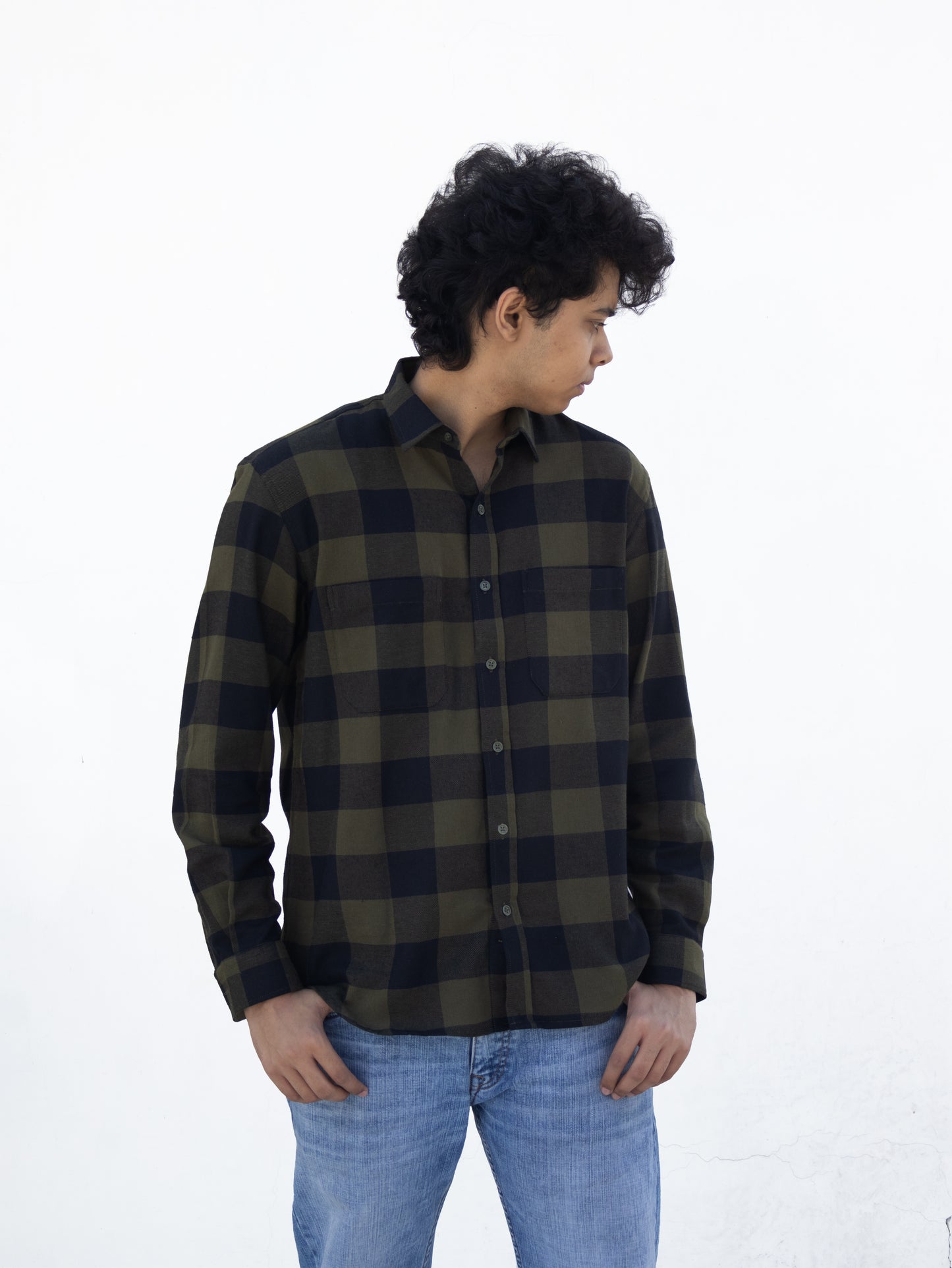 Brushed Flannel Shirt: Moss Green/ Black