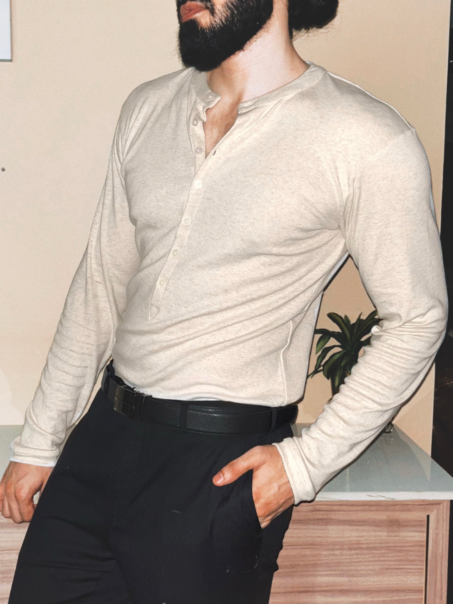 Soldado Ribbed Henley | Light Greige Melange