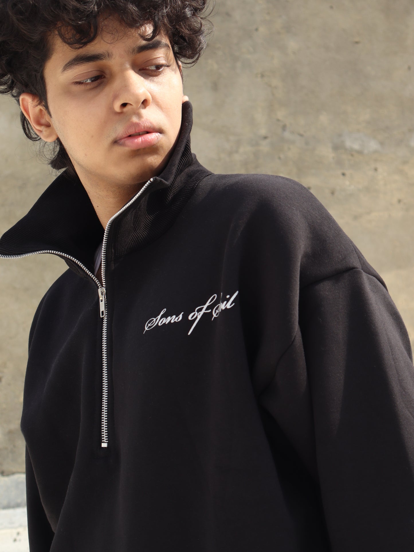 Oversized Printed Half Zip Sweatshirt- Black