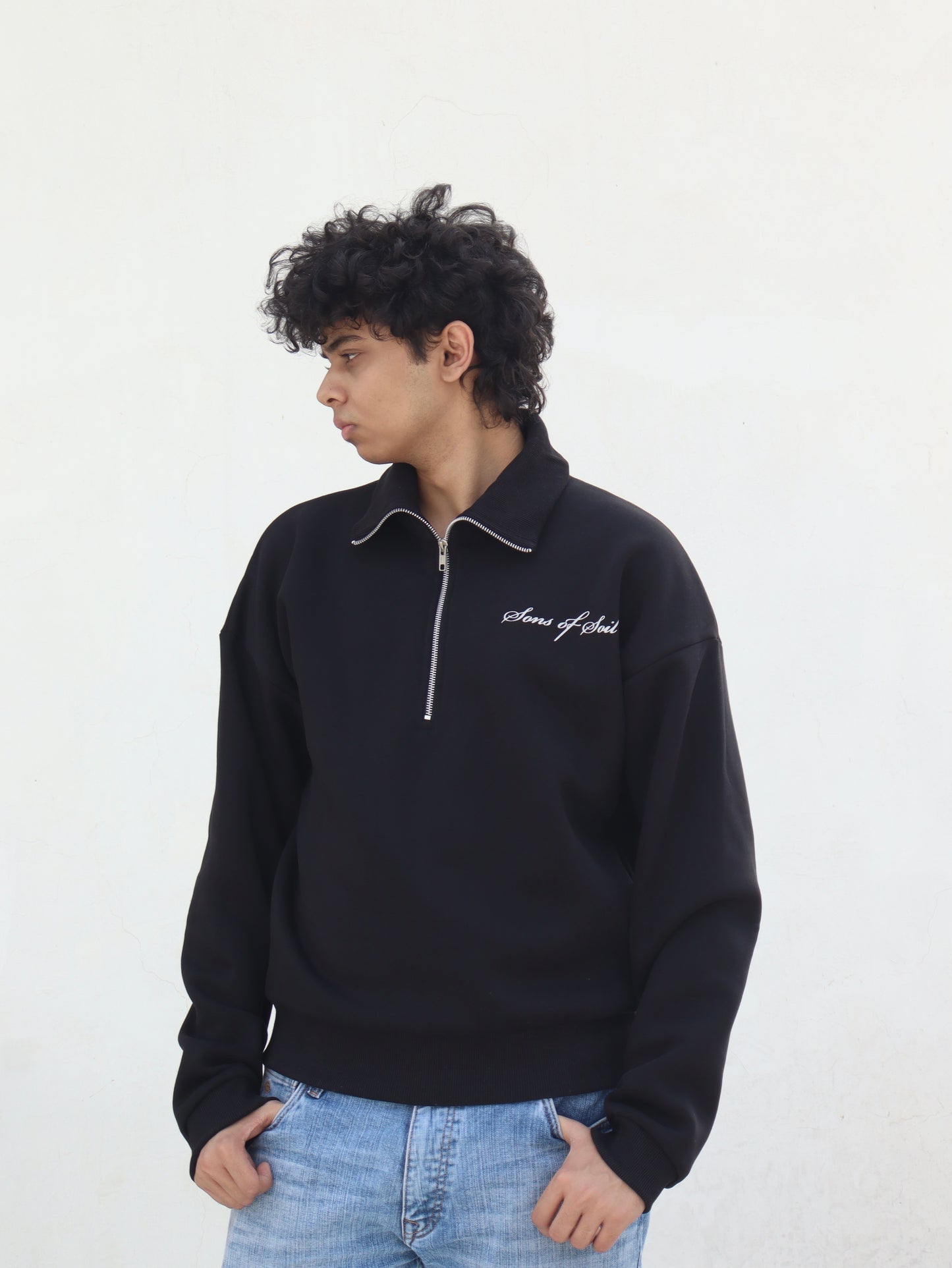 Oversized Half Zip Sweatshirt- Black