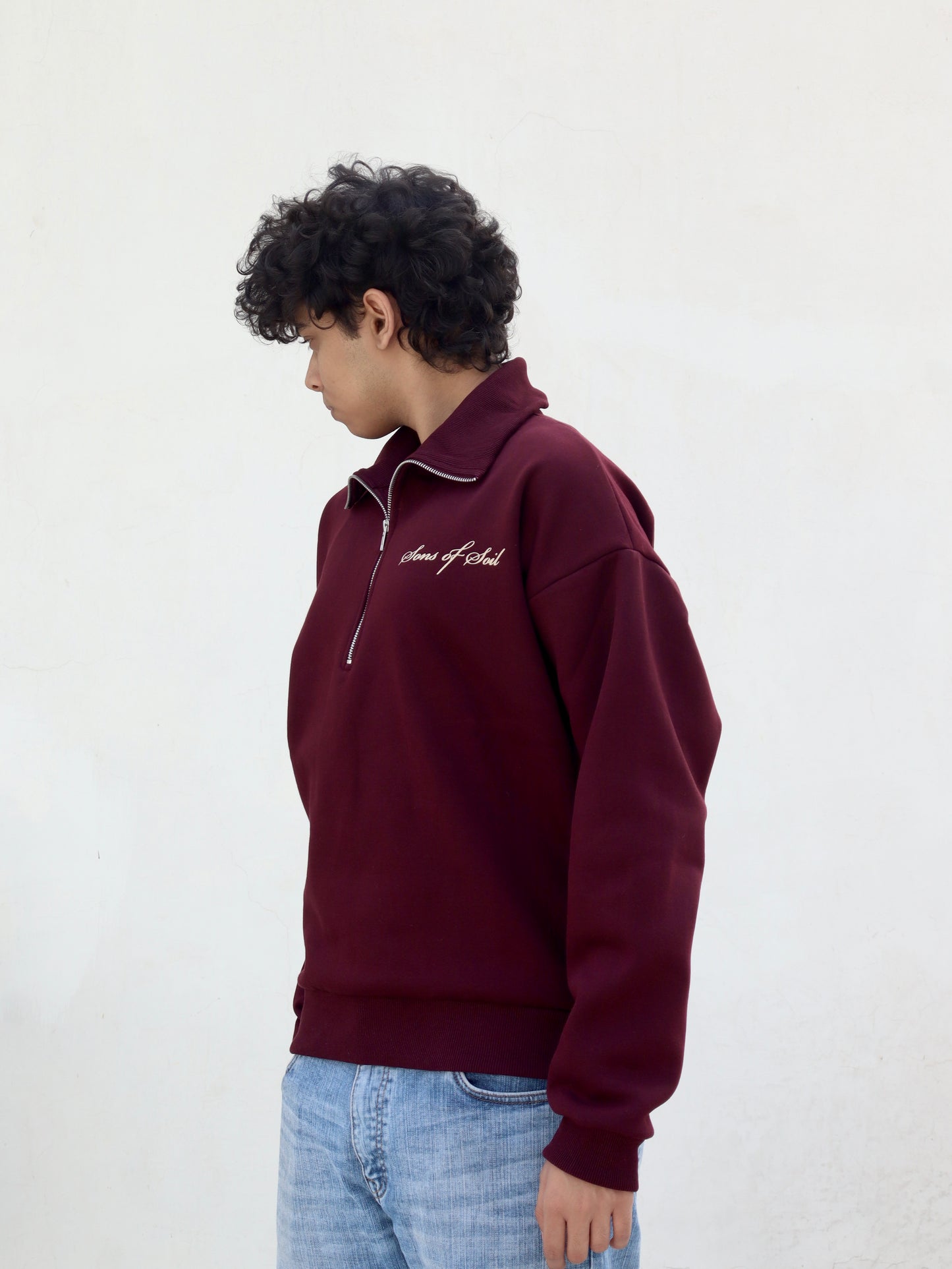 Oversized Half Zip Sweatshirt- Wine