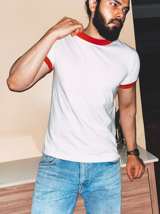 Cali Crewneck Ringer T-Shirt | White / Red