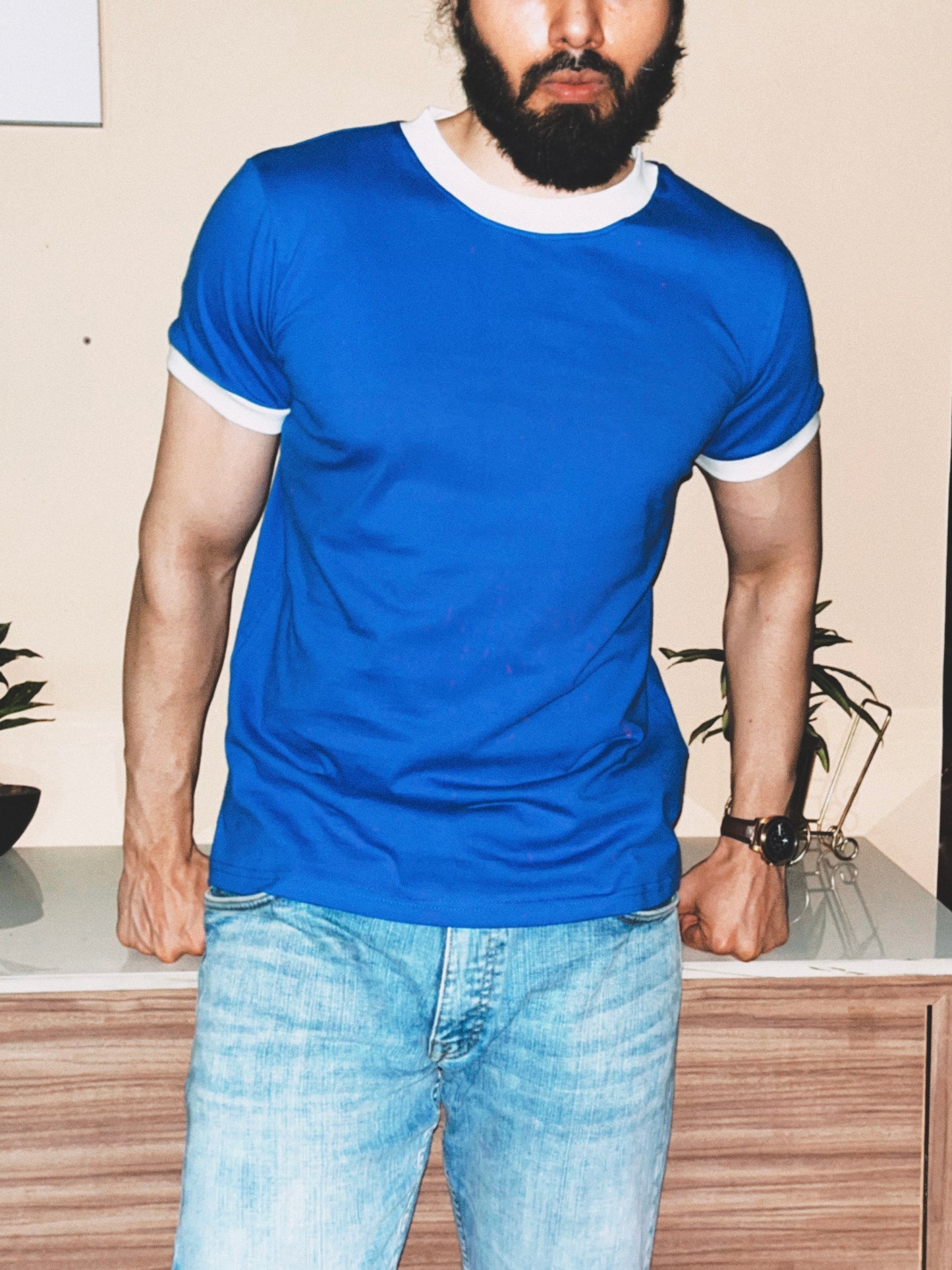Cali Crewneck Ringer T-Shirt | Cobalt Blue / White