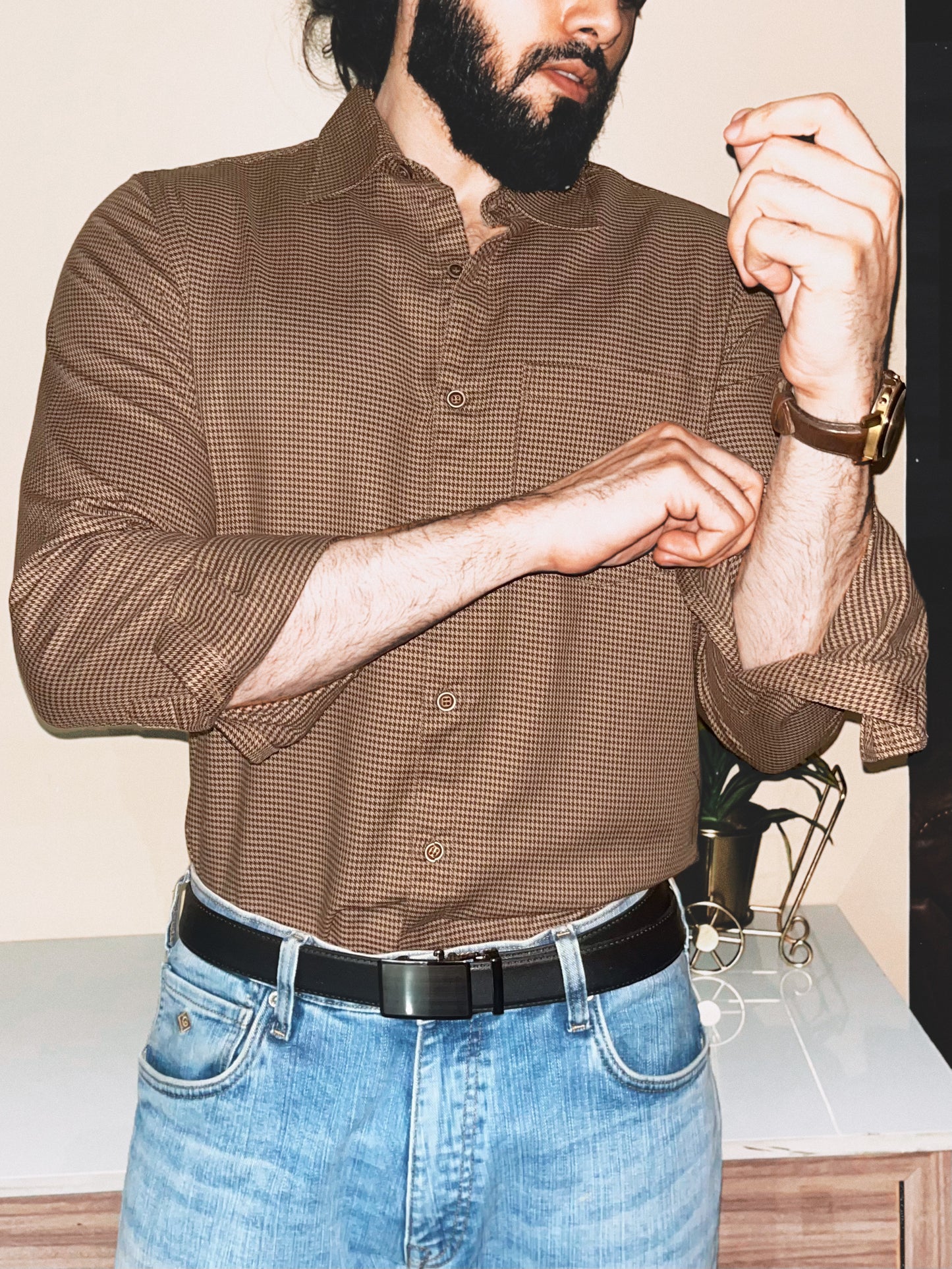 Classic Fit Houndstooth Check Shirt | Golden Wheat / Brown