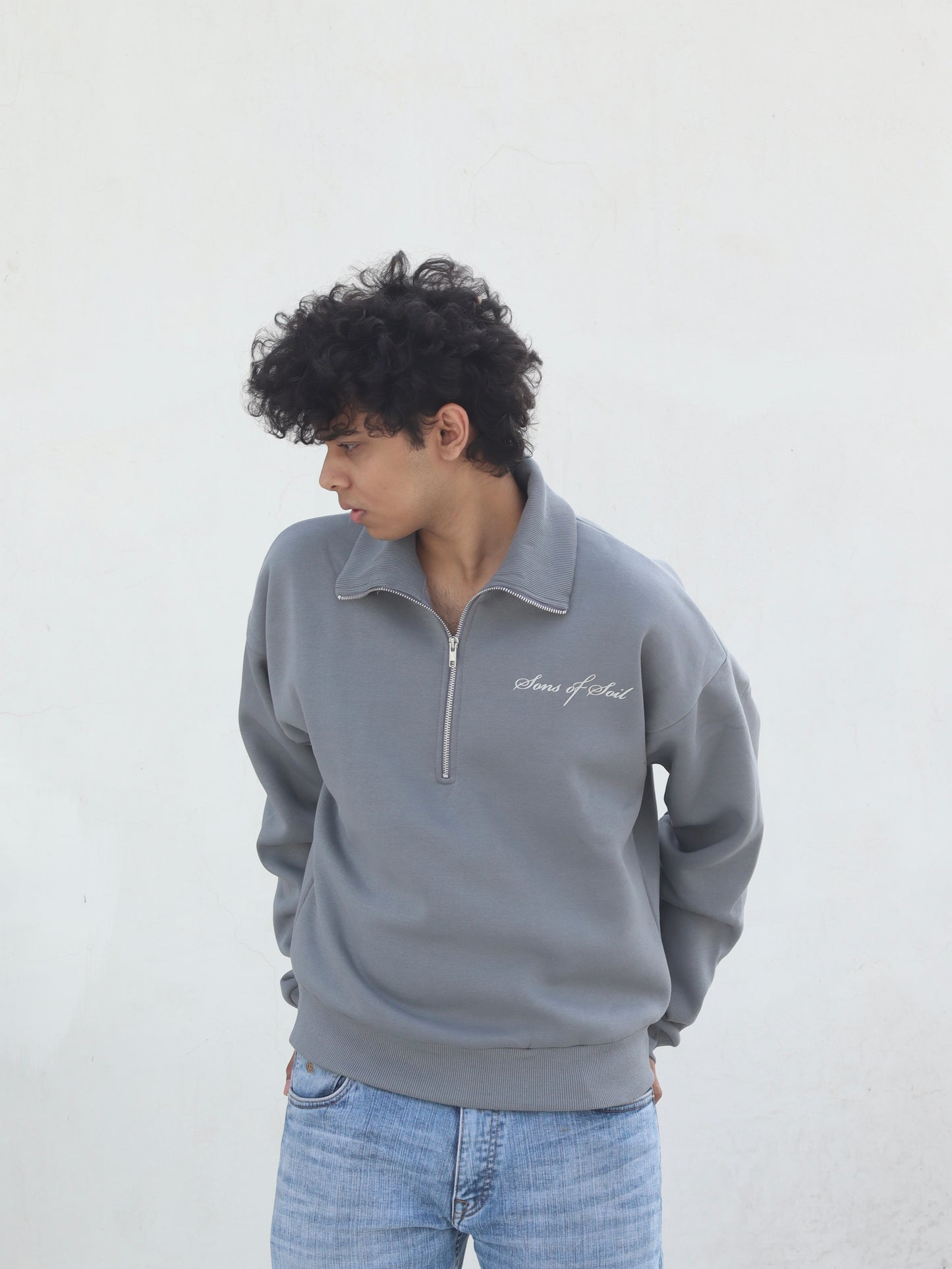 Oversized Half Zip Sweatshirt- Grey