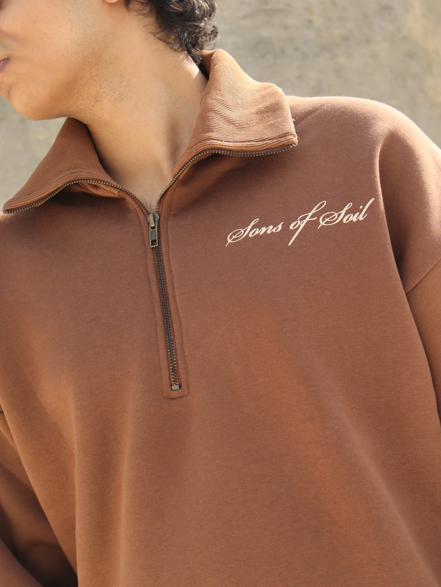 Oversized Half Zip Sweatshirt- Brown