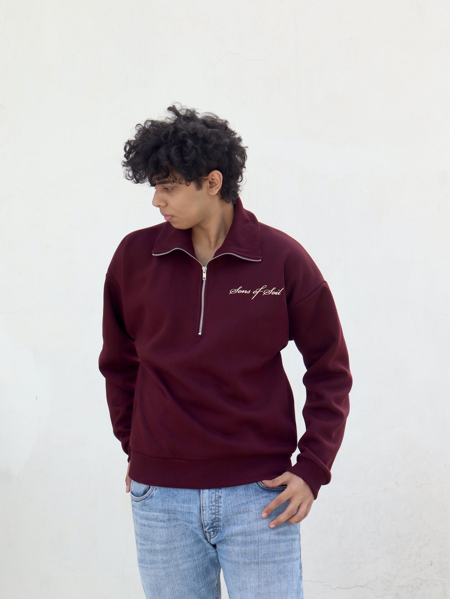 Oversized Half Zip Sweatshirt- Wine