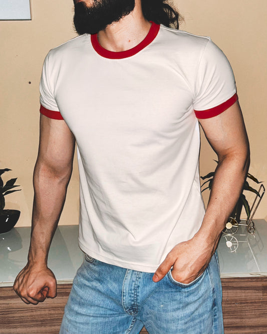 Brawler Compact Ringer Crewneck | Warm White / Crimson