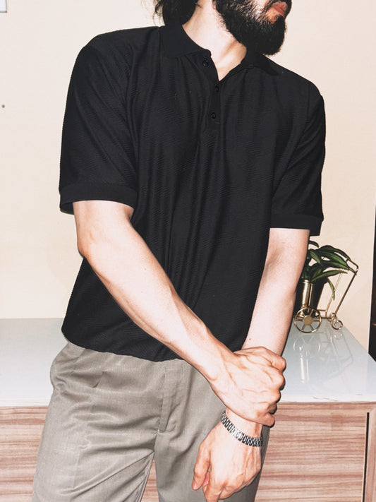 Capo Jacquard Knit Polo | Black