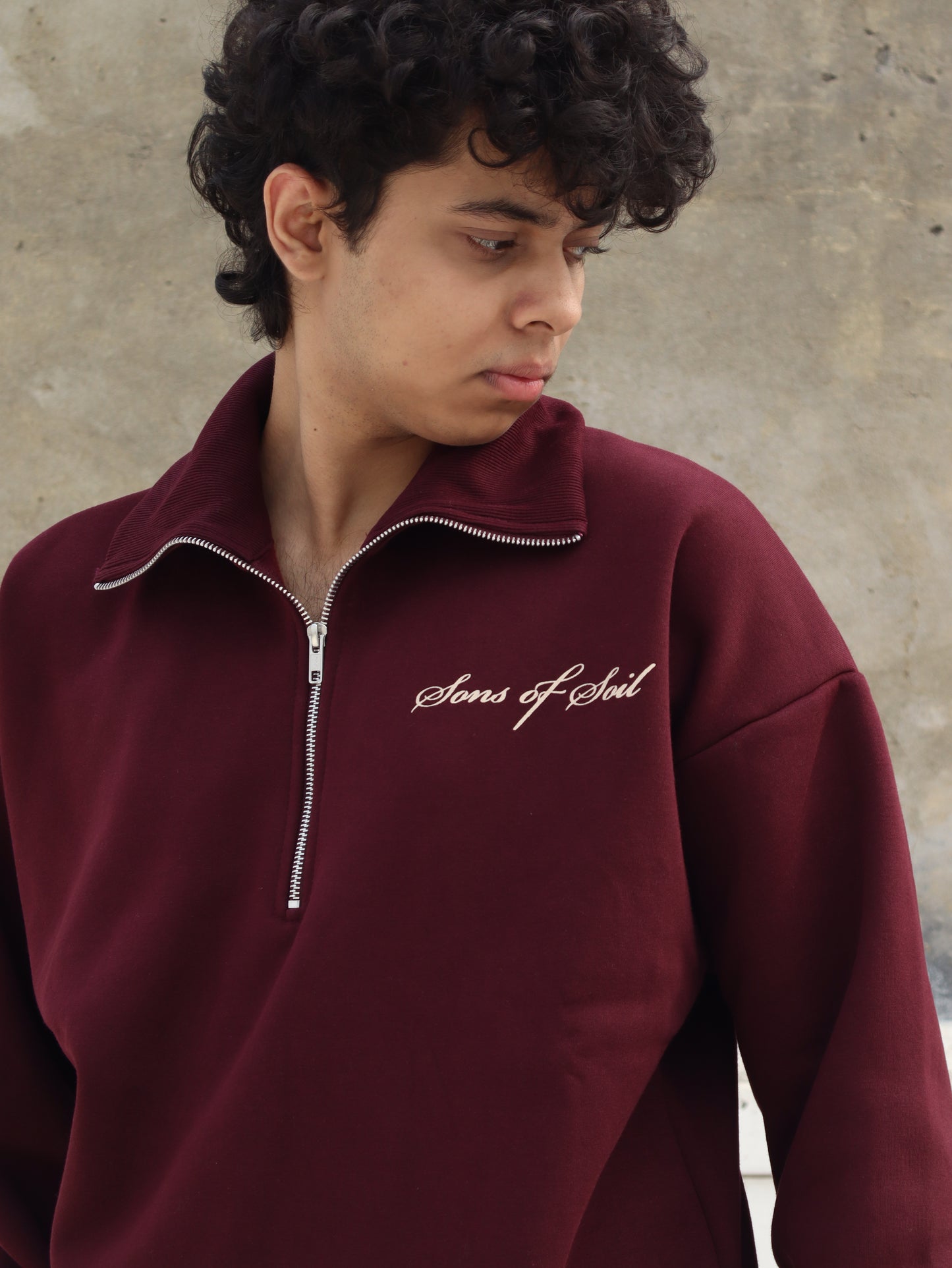 Oversized Half Zip Sweatshirt- Wine