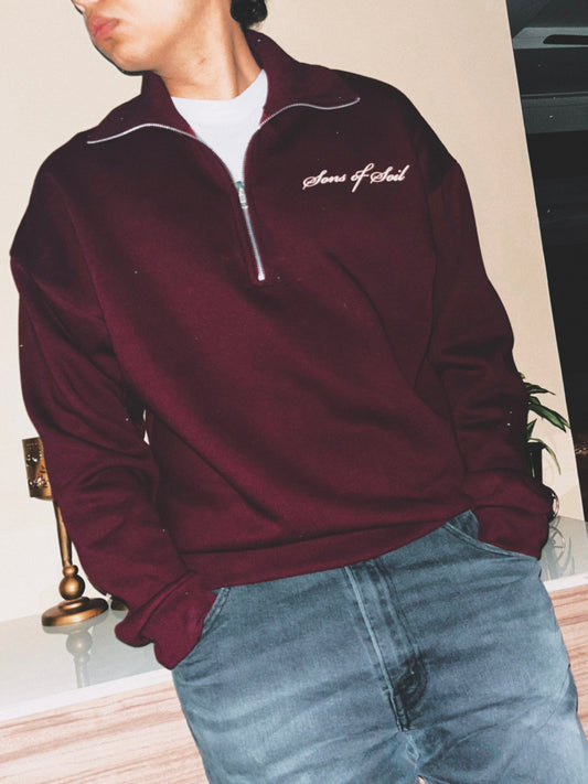 Oversized Half Zip Sweatshirt- Wine