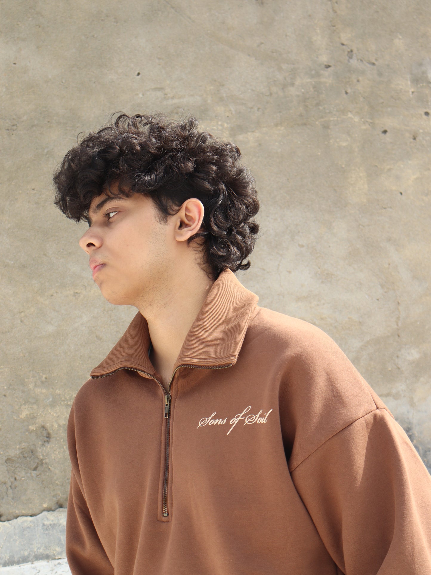 Oversized Half Zip Sweatshirt- Brown