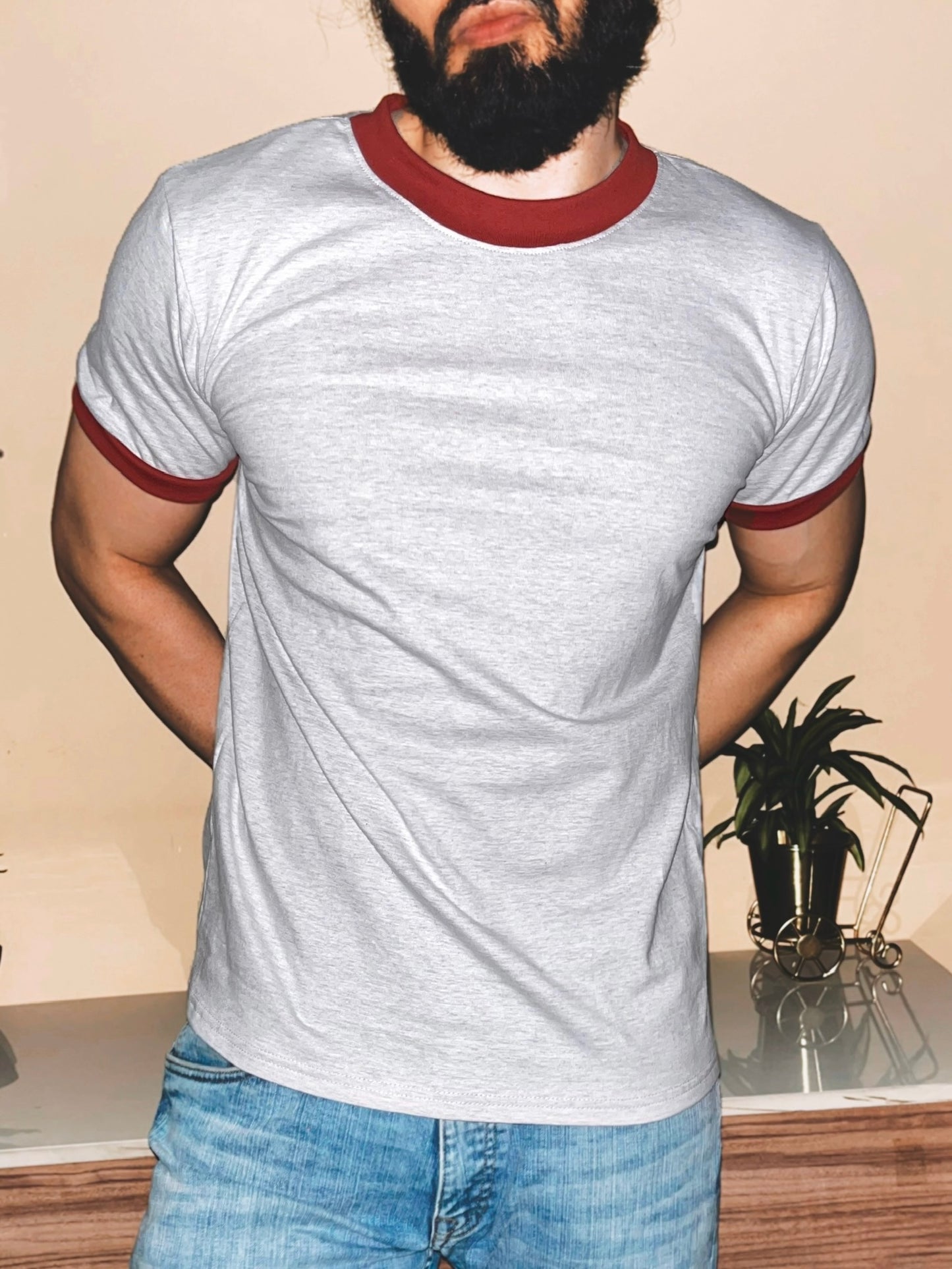 Cali Crewneck Ringer T-Shirt | Melange Grey / Rust