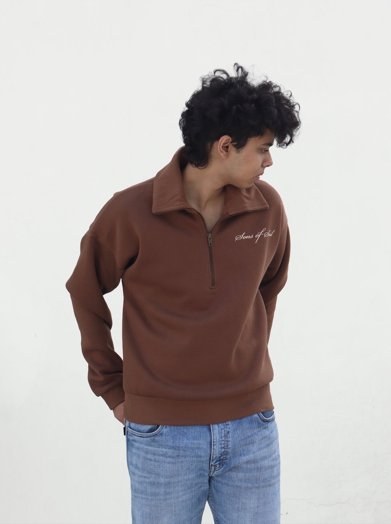 Oversized Half Zip Sweatshirt- Brown