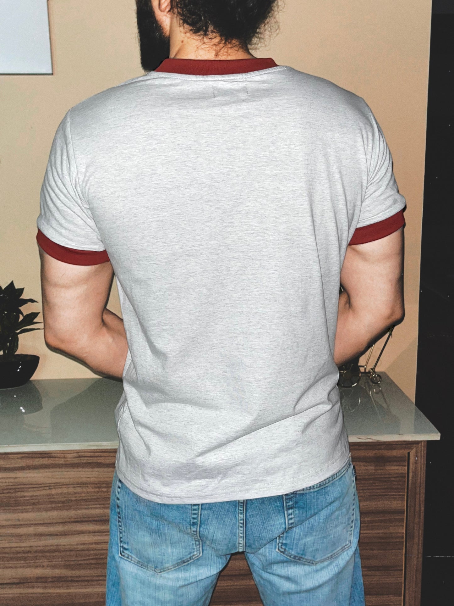 Cali Crewneck Ringer T-Shirt | Melange Grey / Rust