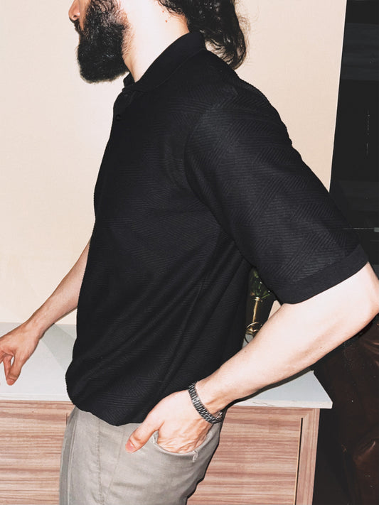 Capo Jacquard Knit Polo | Black